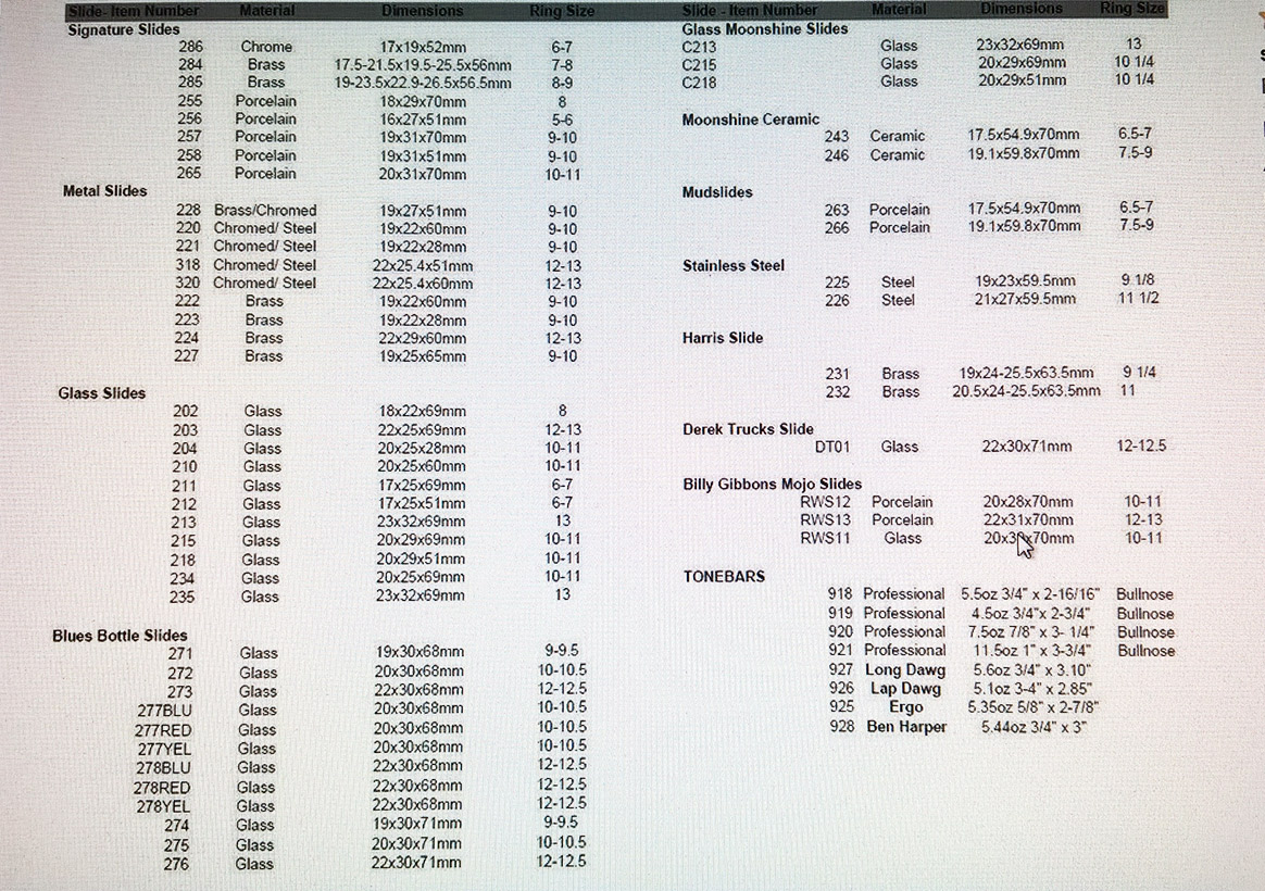 Dunlop Slide Size Chart